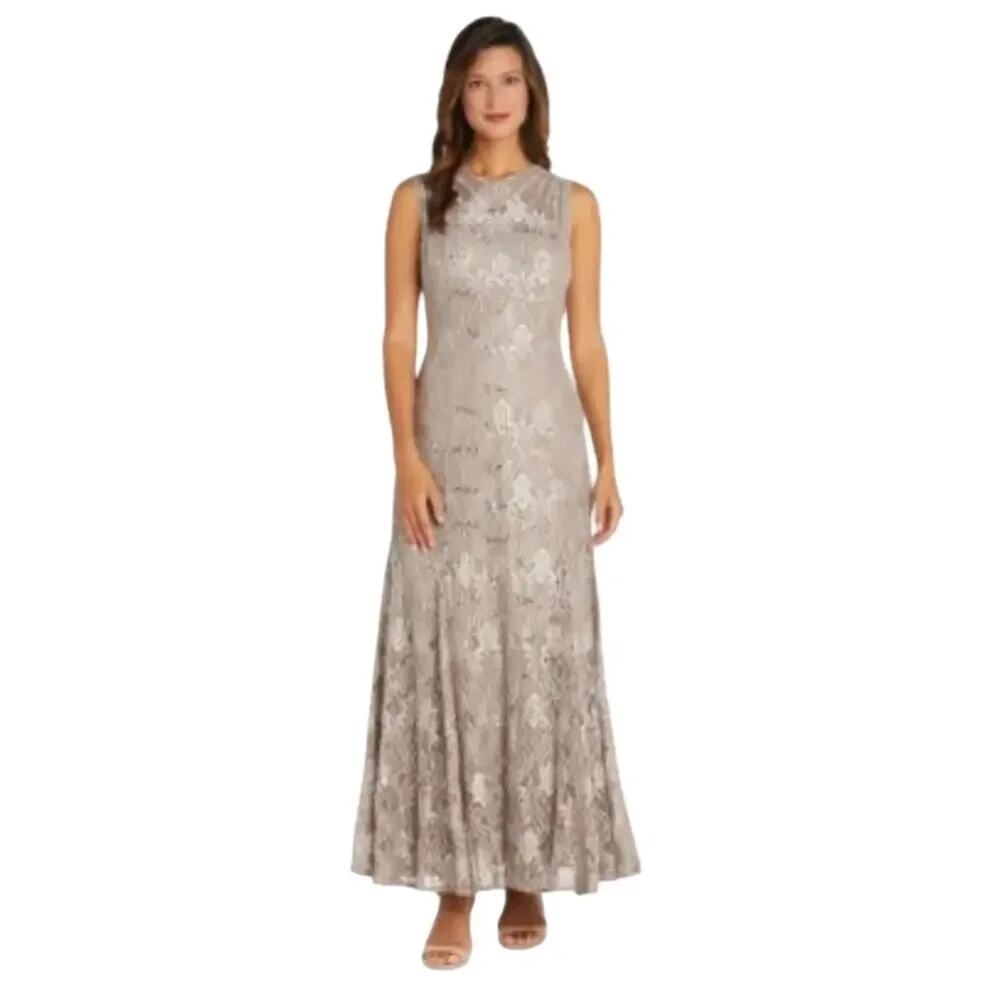 R & M Richards Women's Long Embellished Champagne Lace Gown Size 8P NWT